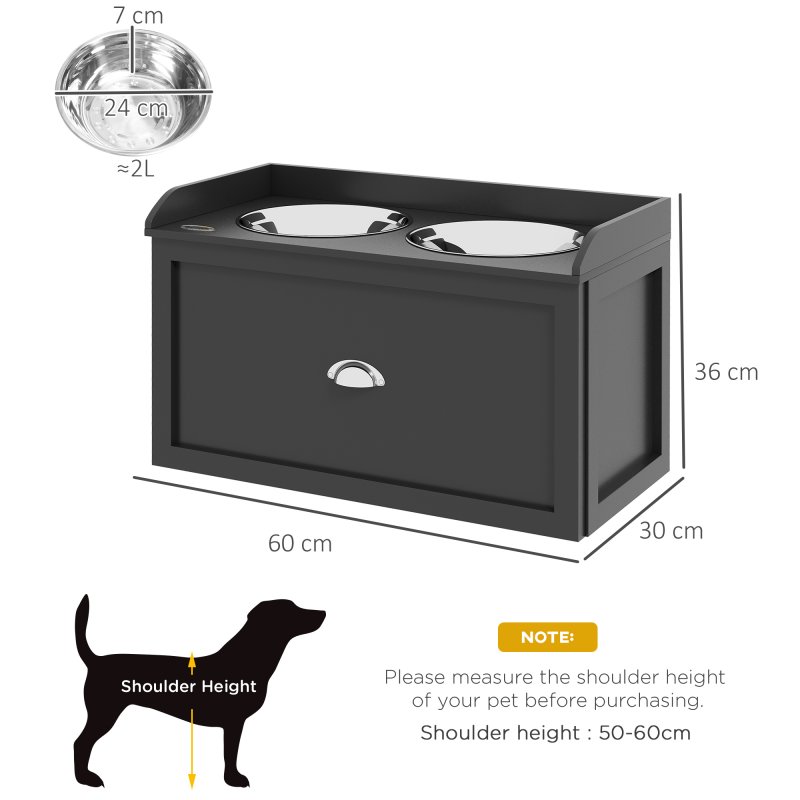 PawHut Stainless Steel Raised Dog Bowls, Double Dog Food and Water Bowl w/ 21L Storage Drawer, for Large Dogs - Black