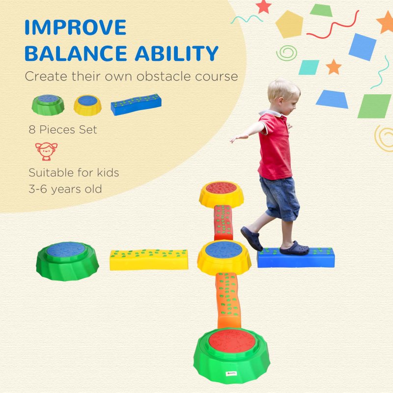 Outsunny 8 PCS Kids Stepping Stones Balance Beam w/ Non-Slip Surface and Bottom, Stackable Stepping Stones for Toddler