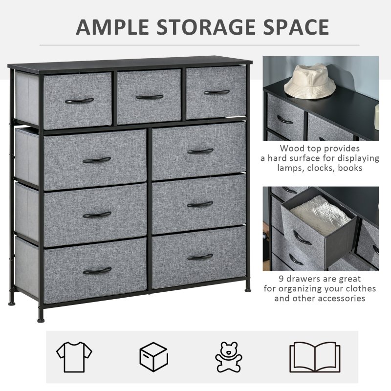 HOMCOM 9 Drawers Storage Chest Dresser Organizer Unit w/ Steel Frame, Wood Top, Easy Pull Fabric Bins, for Bedroom, Hallway, Entryway, Black & Grey