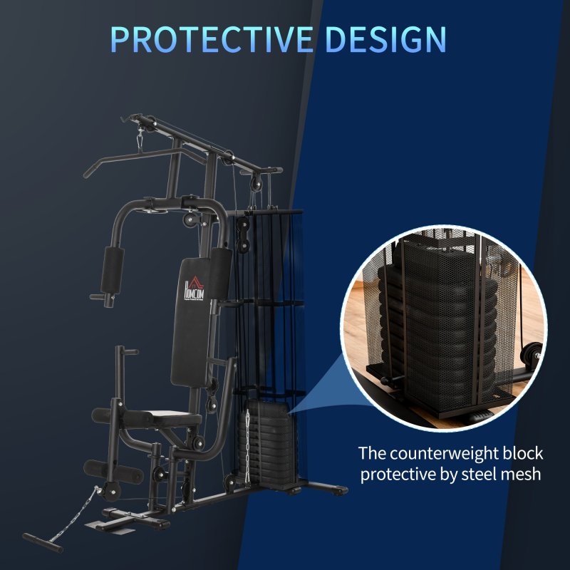 HOMCOM Multi Gym Workout Station, 45Kg Weight Stack Training System, Full Body Fitness for Home Gym, Black