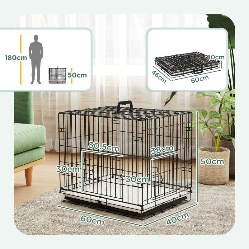 PawHut Dog Crate, Folding Metal Dog Cage with Two Doors, Tray, Soft Cushion, for Extra Small Dogs, 60 x 40 x 50 cm, Black