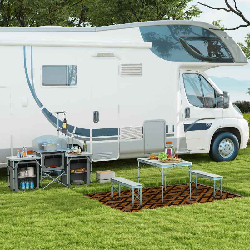 Outsunny Foldable Camping Picnic Table and Chairs, Lightweight Aluminium Garden Table Set with 2 Benches for Camping, Garden, Party, BBQ, Silver