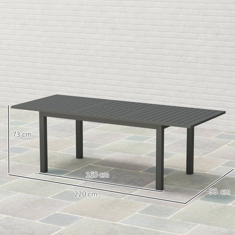 Outsunny Extending Garden Table, Full Aluminium Outdoor Dining Table with Slatted Top, for Patio, Balcony, 160/220 x 90 x 73 cm, Grey