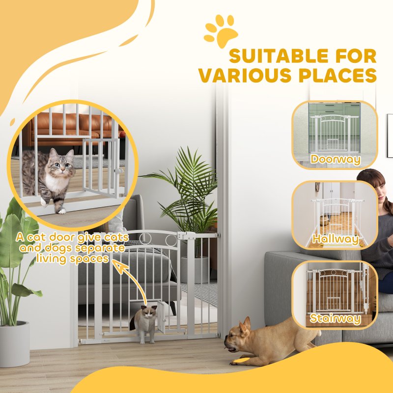 PawHut Stair Gate, 77cm Extra Tall Dog Gate with Adjustable Width, 76-104cm Pressure Fit Safety Gate with Cat Door, 7cm and 14cm Extensions, for Stairs, Doorways, Easy Installation, White