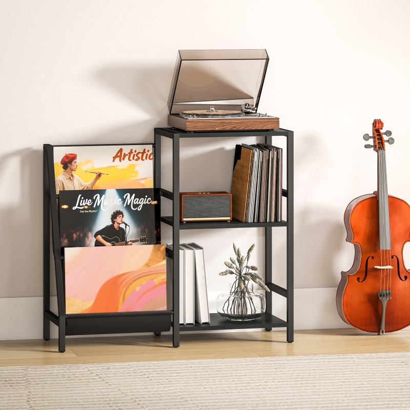 HOMCOM Record Player Stand, 3-Tier Side Table with Vinyl Record Storage, End Table with 3 Oxford Cloth Magazine Racks for Living Room, Bedroom, Black Wood Effect