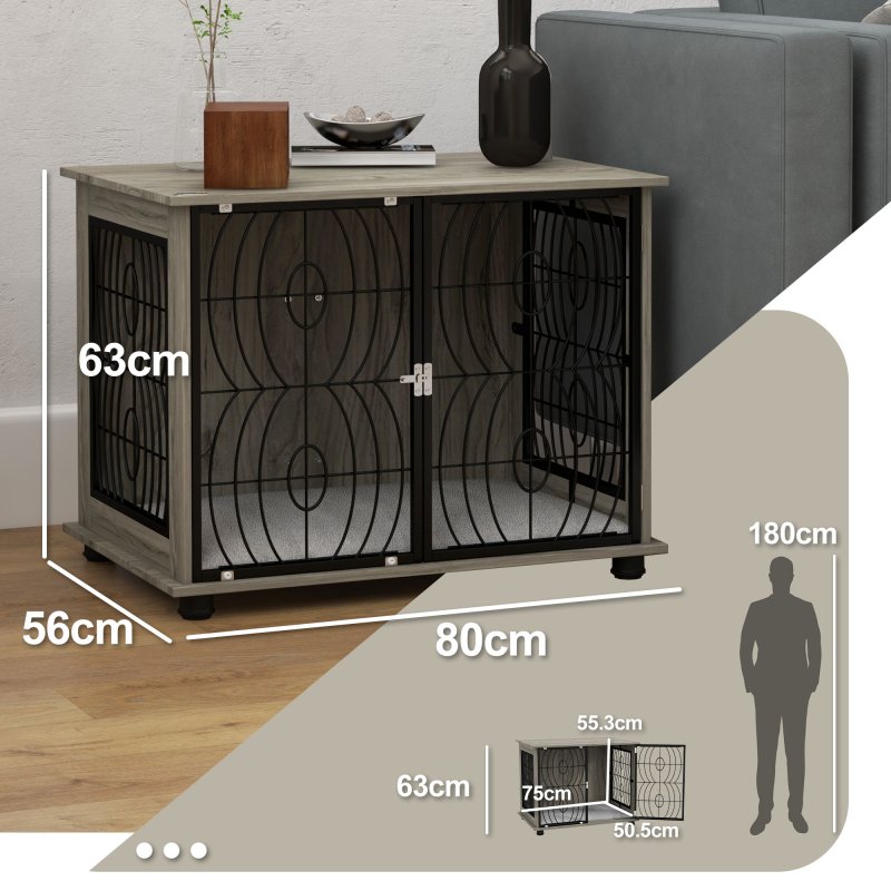 PawHut Dog Crate Furniture, Dog Cage End Table with Large Top, Soft Washable Cushion, Lockable Front Door, Wire Mesh Ventilation, Indoor Pet Crate for Medium Sized, 80 x 56 x 63cm - Grey wood effect