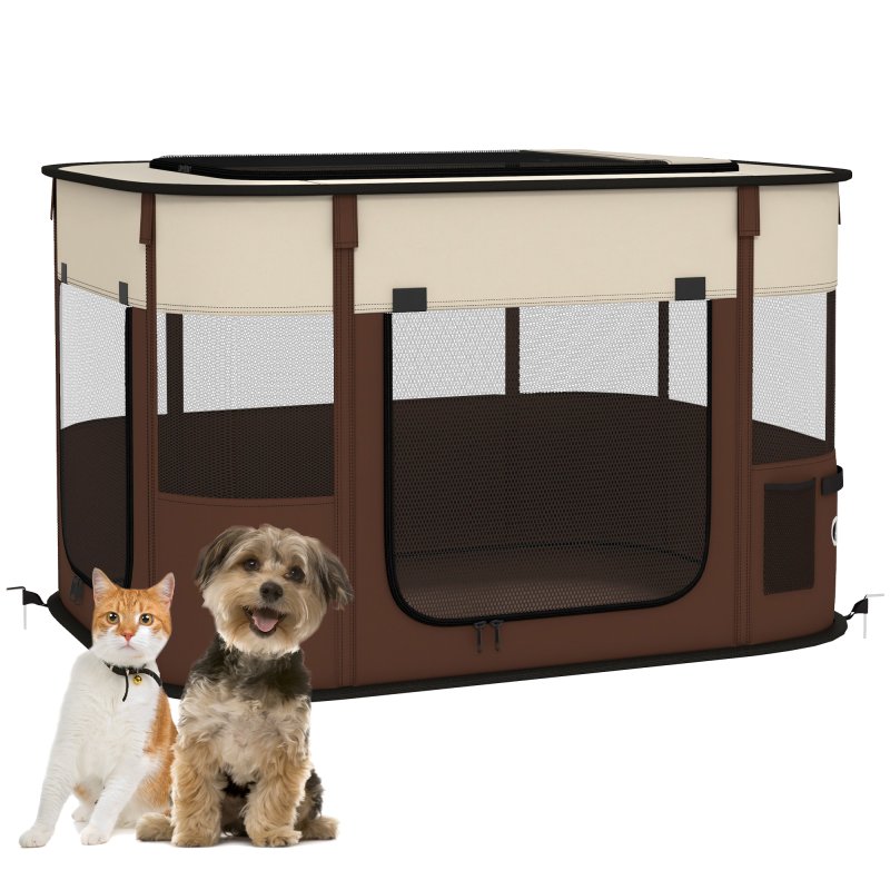 PawHut Dog Pen, Pet Playpen, Portable Foldable Dog Cat Playpen Soft Pet Cage with Storage Bag for Puppies, Rabbits, Kittens, Guinea Pigs, 84 x 64 x 53cm - Brown