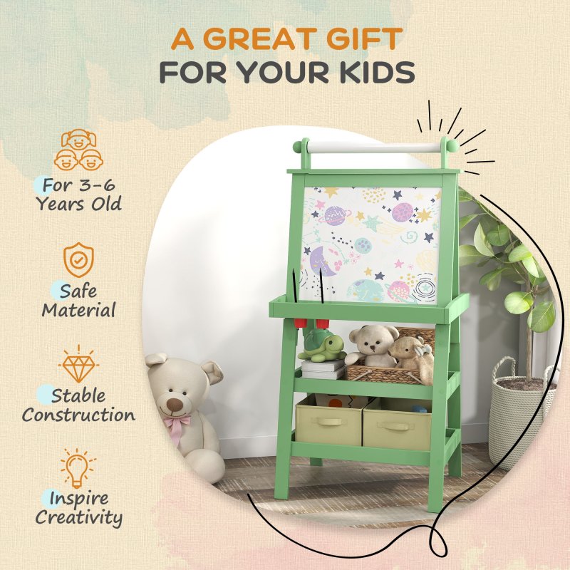 AIYAPLAY Art Easel for Kids with Paper Roll, 3 in 1 Kids Easel Double-Sided Magnetic Whiteboard and Chalkboard with Storage Baskets, for Children 3-6 Years - Green