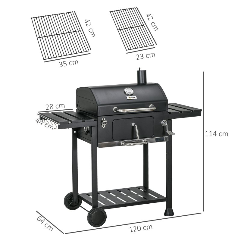 Outsunny Charcoal Barbecue Grill Trolley with Adjustable Charcoal Pan, Galvanised Steel Smoker BBQ Grill with Storage Shelves, Lid, Themometer, Bottle Opener and Wheels, Black