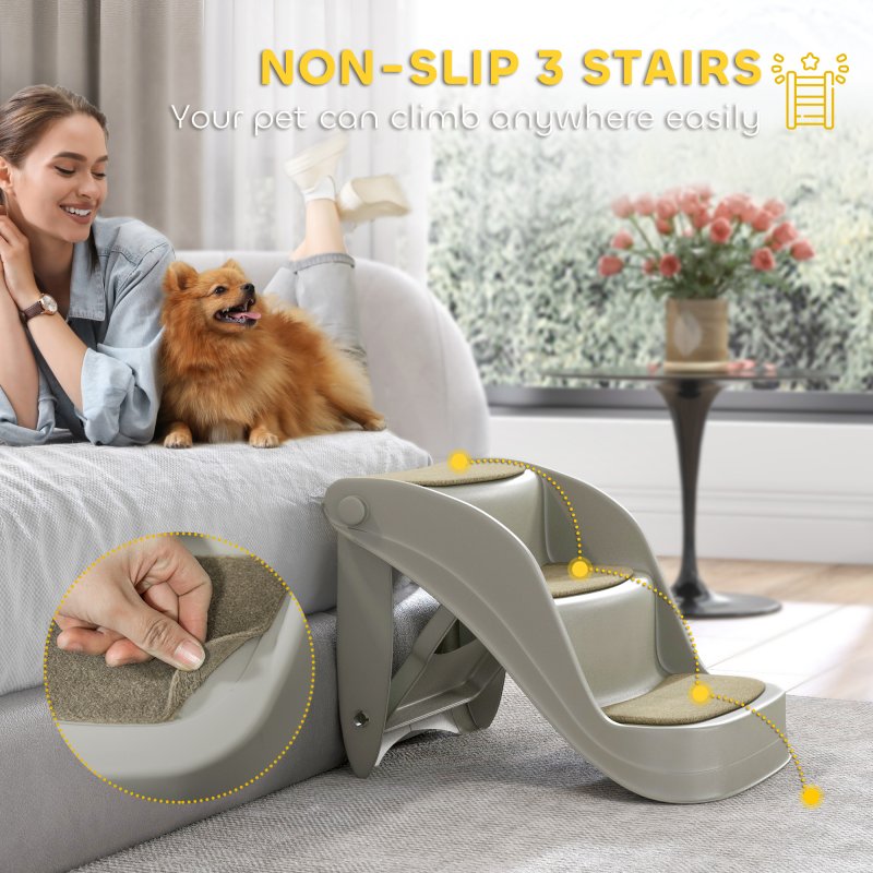 PawHut Foldable Pet Stairs Portable Dog Steps 3-Step Design with Non-slip Mats for High Beds, Sofas, 49 x 38 x 38 cm, Grey