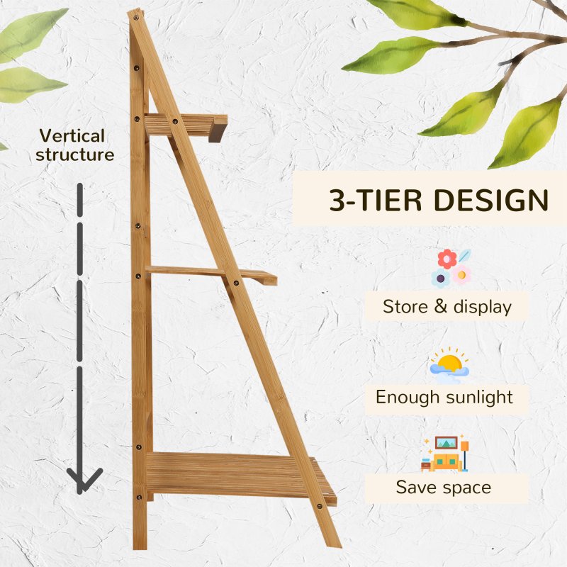 Outsunny 3-Tier Bamboo Plant Stand, Folding Plant Rack, Display Plant Shelf for Indoor & Outdoor Use, 98 x 37 x 96.5cm, Natural