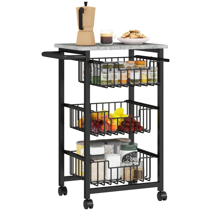 HOMCOM 3-Tier Kitchen Island on Wheels, Rolling Kitchen Storage Trolley with 3 Pull-Out Mesh Baskets, Mobile Utility Serving Cart, Light Grey