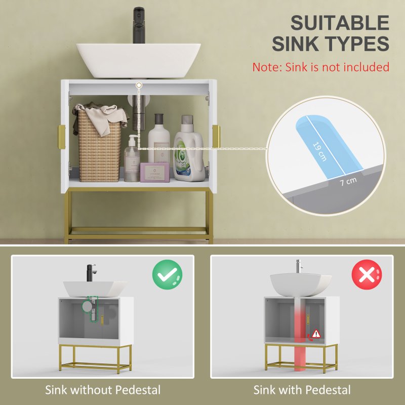 kleankin Modern Bathroom Sink Cabinet, Freestanding Under Sink Storage Cabinet, Space Saving Wooden Basin Cupboard with 2 Doors and Gold Steel Legs, 60 x 30 x 65 cm, White