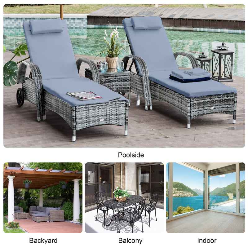 Outsunny 3 Pieces PE Rattan Patio Lounge Chair Set, Outdoor Recliner Lounge Chairs with Wheels, for Outside with Cushions, Headrest, Coffee Table for Garden, Poolside, Grey