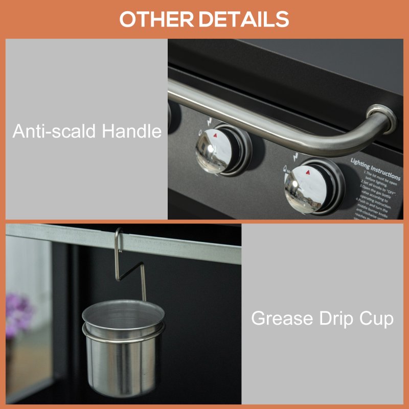 Outsunny 3 Burner Gas BBQ, Outdoor Grill, Portable Barbecue Trolley with Warming Rack, Side Shelves, Storage Cabinet, Thermometer, Carbon Steel, Black