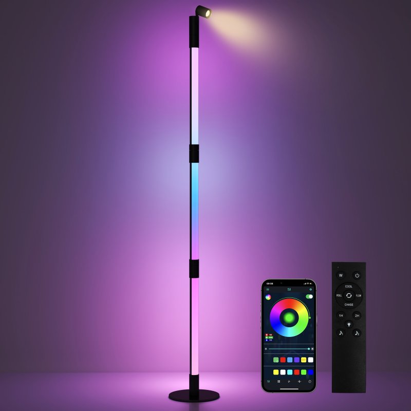HOMCOM LED Floor Lamp with Reading Light, 360° RGB Detachable Corner Floor Lamp with App & Remote Control, Standing Lamp with Music Sync & Timing, for Living Room, Game Room, Dark Grey