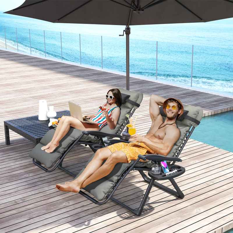 Outsunny Zero Gravity Chairs Set of 2, Folding Reclining Garden Chair, Outdoor Sun Lounger with Cushion, Garden Recliner Chairs with Headrest and Cup Phone Holder Tray for Beach, Grey