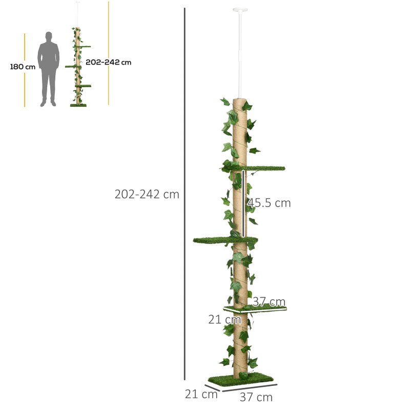 PawHut 242cm Floor to Ceiling Cat Tree for Indoor Cats with Leaves, Height Adjustable Cat Climbing Tower with Scratching Post, Anti-Slip Kit - Green