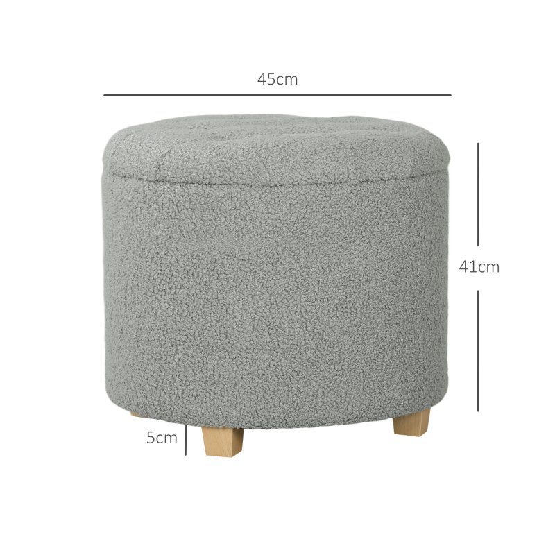 HOMCOM 45cm Round Storage Ottoman, Teddy Fleece Footstool with Removable Lid and Wood Legs, Button Tufted Vanity Stool for Living Room Bedroom Hallway
