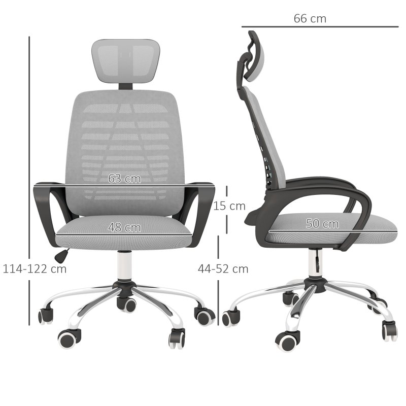 Vinsetto Mesh Office Chair, Ergonomic Computer Desk Chair with Adjustable Headrest, Lumbar Back Support, Armrest, Adjustable Height, Swivel Wheels, Grey