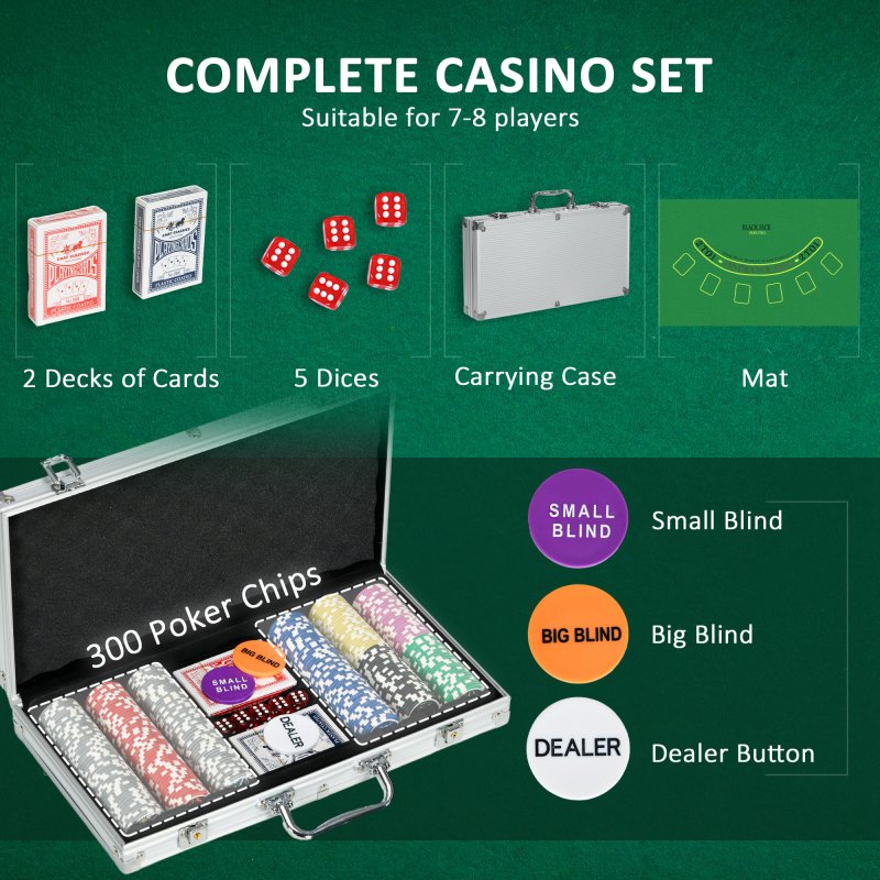 SPORTNOW 300-Piece Poker Chips Set with Aluminium Case, Holdem Poker Set with Mat, 11.5g Numbered Poker Chips, Two Decks of Cards, Dealer, Five Dices
