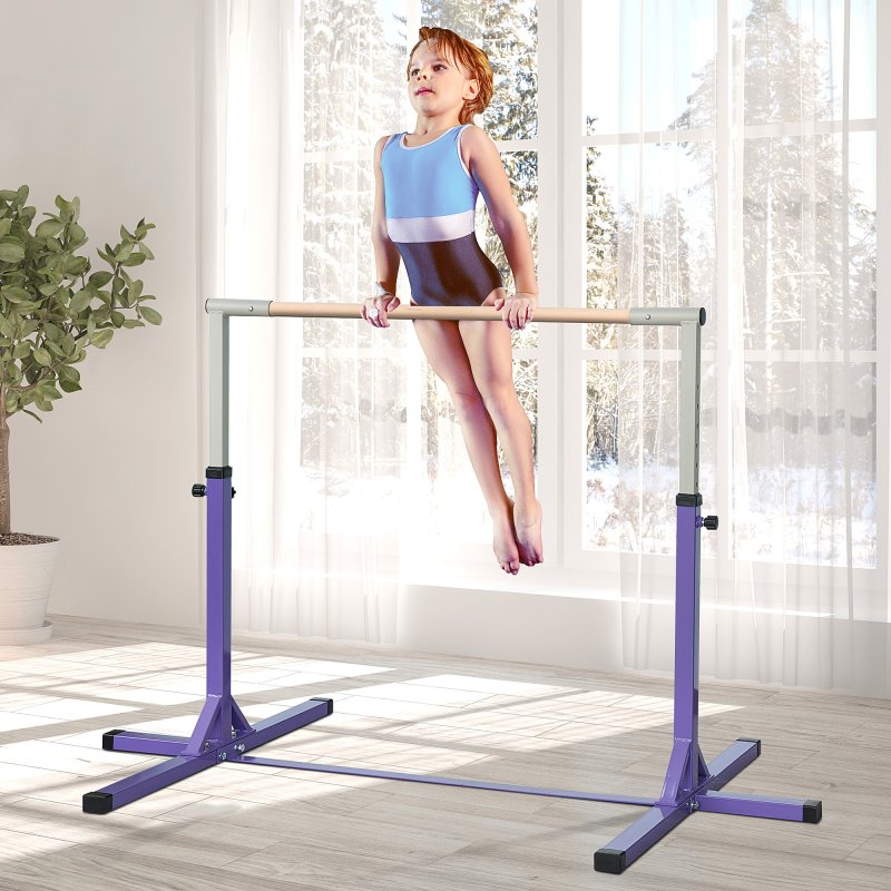 HOMCOM Height Adjustable Gymnastics Horizontal Bar For Kids Home Gym Training Children Junior Kip High Bar Fitness, Purple