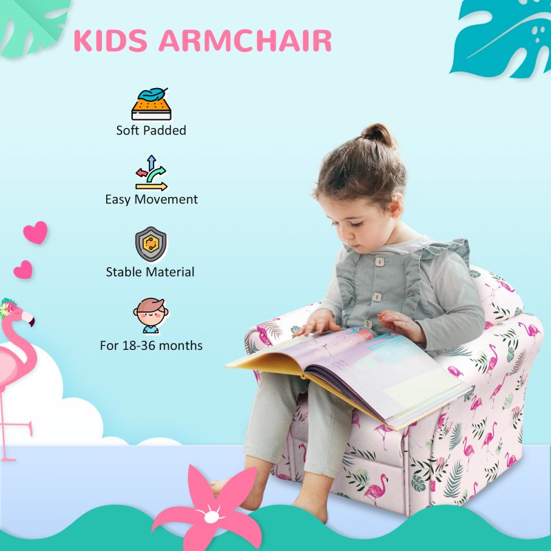 AIYAPLAY Kids Sofa Chair, Toddler Armchair with Flamingo Design, Wooden Frame, Upholstered Toddler Chair for Bedroom, Playroom, Kids Room - Pink