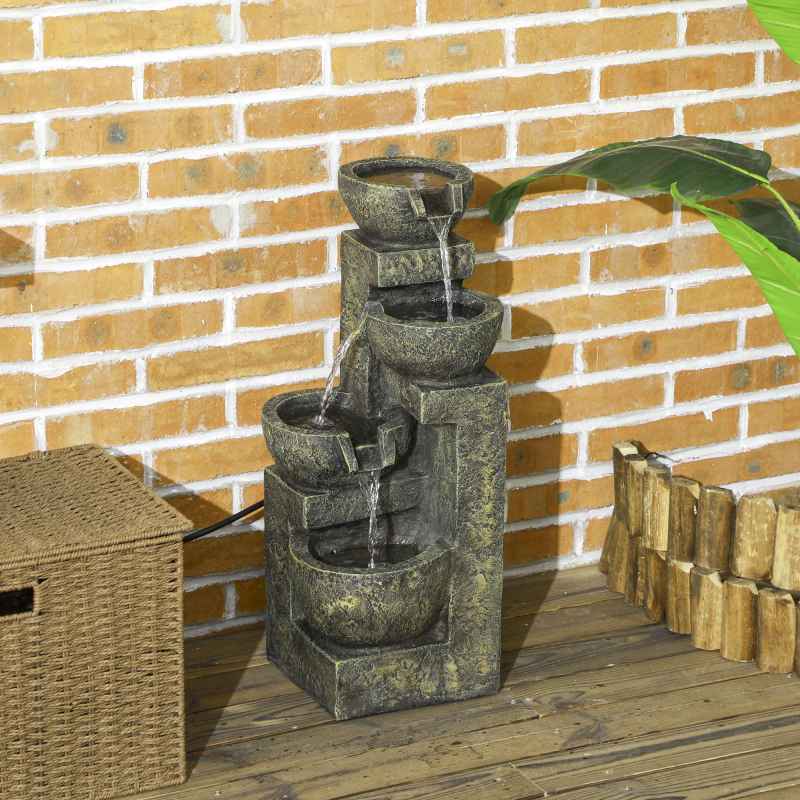 Outsunny Outdoor Garden Water Feature with 4-Tier Stacked Stone Look Bowls, Patio Cascading Waterfall Fountain, Adjustable Flow, Rustic D??cor, Black and Yellow