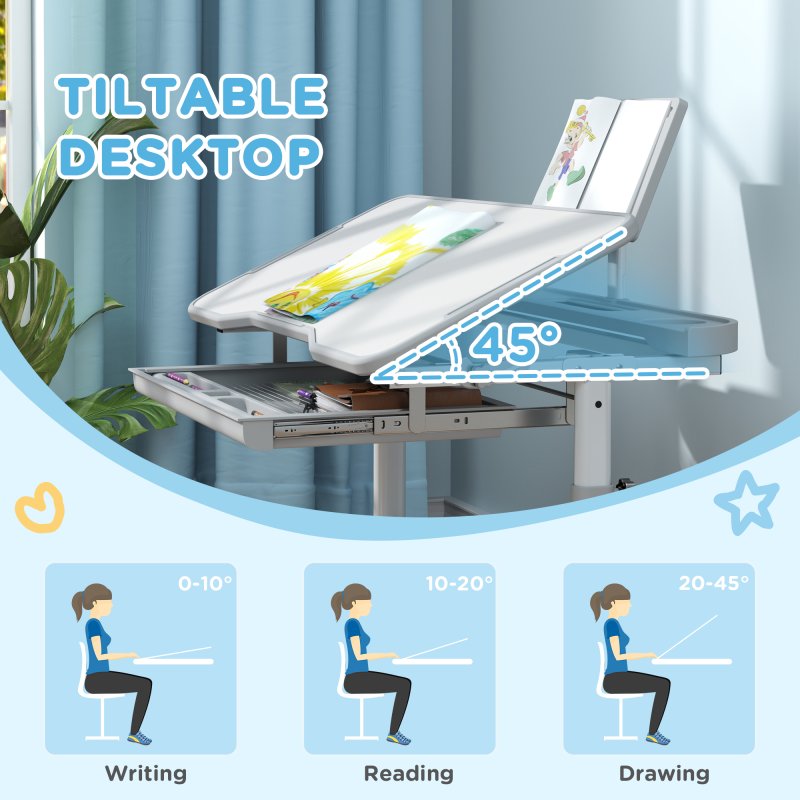 AIYAPLAY Kids Desk and Chair Set, Height Adjustable School Study Table Chair Set with Tilted Desktop, Storage Drawer, Book Stand, for Writing Reading, kids Aged 3-12 Years, Grey