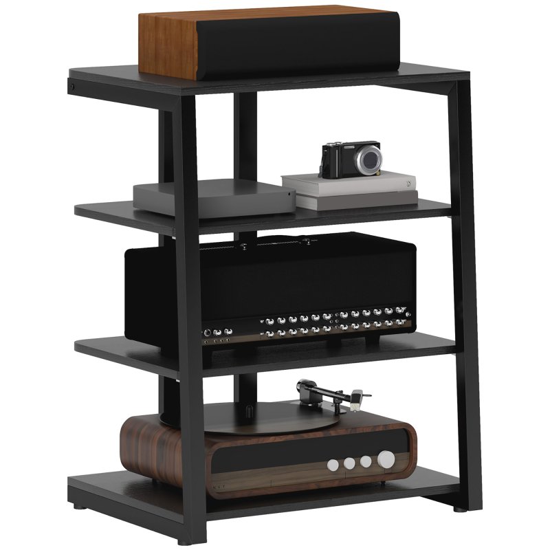 HOMCOM HiFi Stand, 4-Tier Media Storage Shelf with Adjustable Shelves, Power Strip Rack for Router, Record Player, Printer, Industrial TV Stand for up to 28 Inch TVs