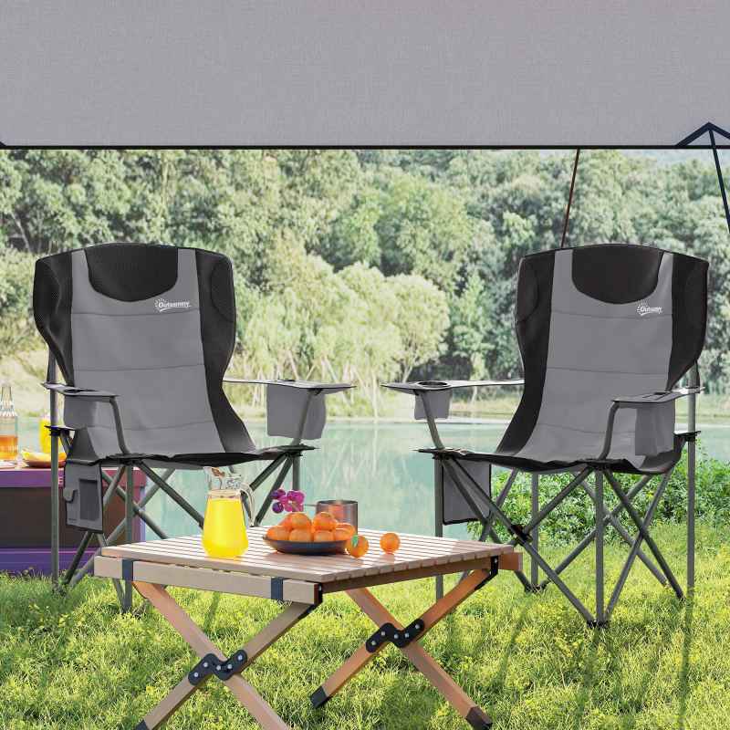 Outsunny Set of 2 Folding Camping Chairs, Padded Camping Chairs with Adjustable Armrests, Portable & Lightweight Folding Camp Chair with Cooler Bag, Cup Holder and Side Pockets, Grey