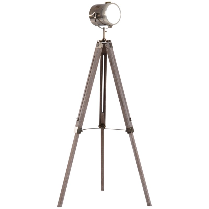 HOMCOM Industrial Tripod Floor Lamp, Nautical Searchlight with Adjustable Height, Wood Legs, E14 Lamp Base for Living Room, Bedroom, Grey and Bronze
