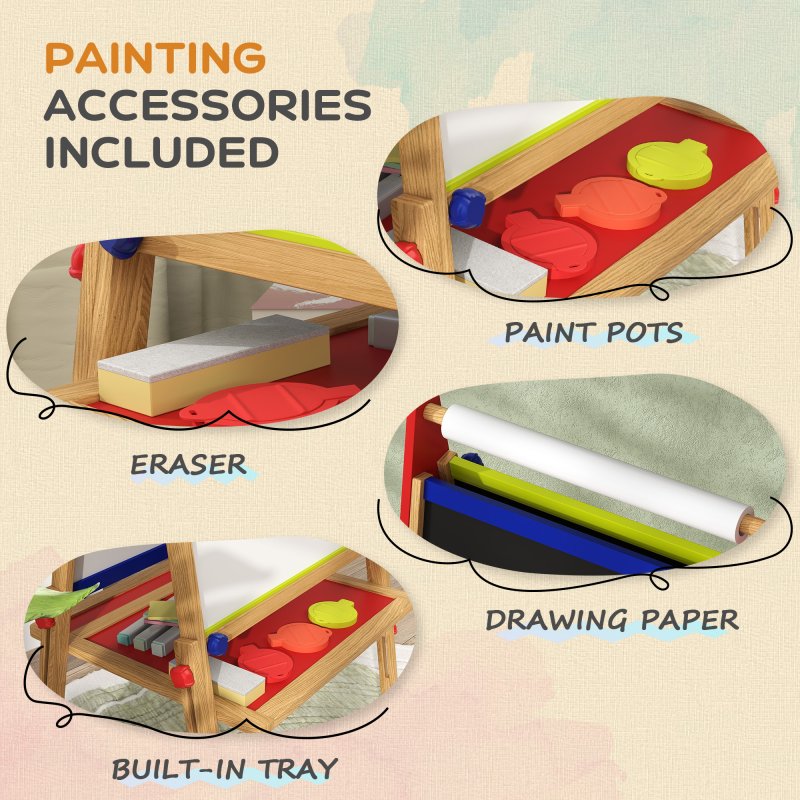 AIYAPLAY Kids Easel, 3 in 1 Art Easel Double Sided Height Adjustable with Paper Roll, Whiteboard, Chalkboard, Painting Accessories, Natural Wood Finish