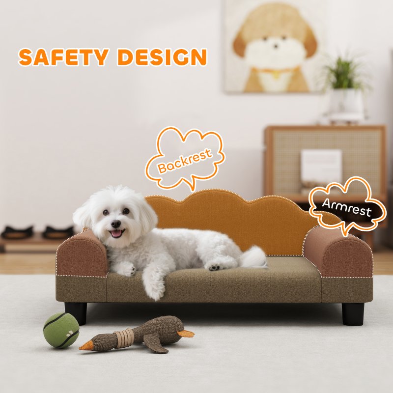 PawHut Dog Sofa Bed, Elevated Cat Sofa with Backrest and Armrest, Breathable Pet Lounge for Indoor Small Dogs, Brown