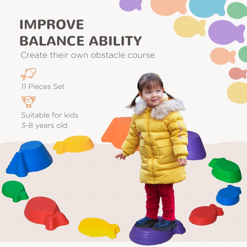 Outsunny Kids Balance Stepping Stones 11-Piece Fish Shape Non-Slip Obstacle Course Stackable Balance Blocks Exercise Toddler Balance for Indoors and Outdoors - Multicoloured