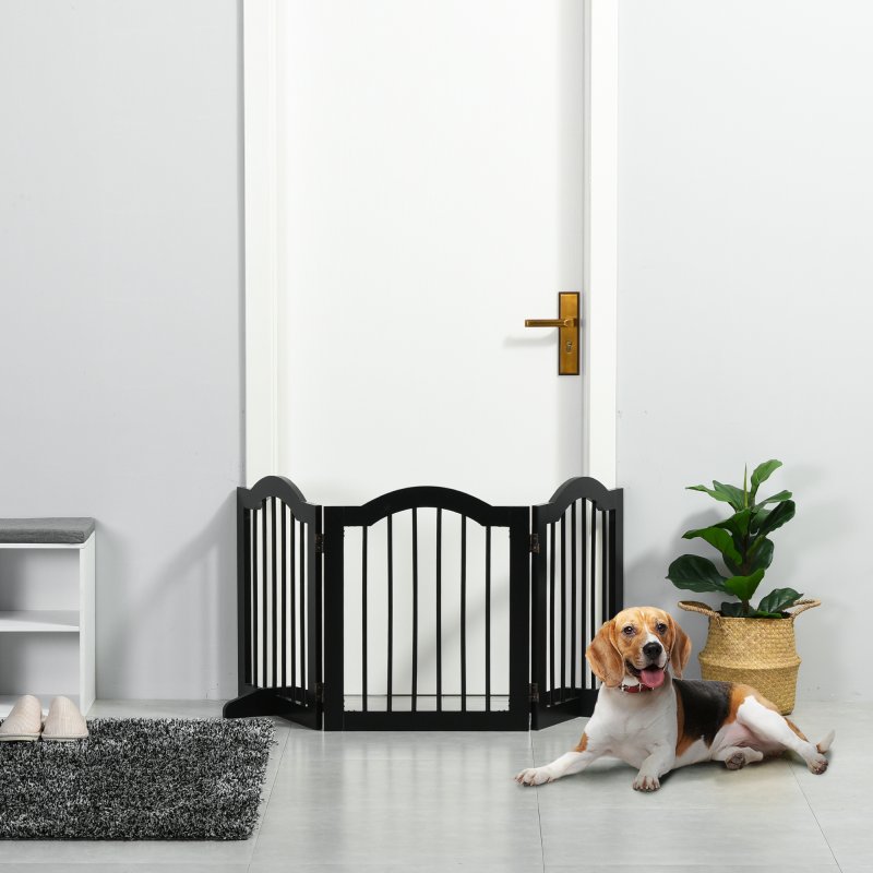PawHut Freestanding Pet Gate Wooden Dog Gate with Support Feet Foldable Pet Fence Safety Barrier for the House Doorway Stairs Black