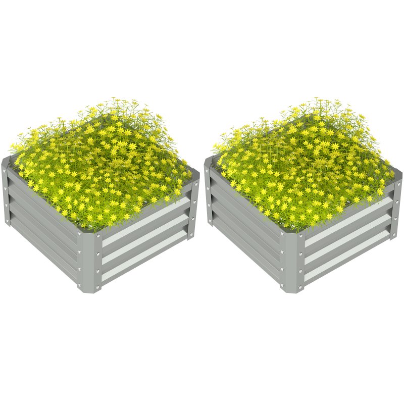 Outsunny Set of 2 Raised Garden Bed, Outdoor Planter Box with Galvanised Steel Frame for Growing Vegetables, Flowers and Herbs, 60 x 60 x 30.5 cm, Light Grey