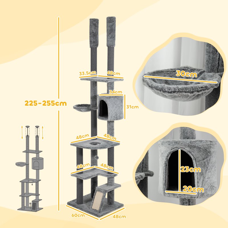 PawHut Floor to Ceiling Cat Tree, 225-255cm Height Adjustable Large Cat Tower 6 Levels Activity Centre for Indoor Cats with Cat Scratching Posts Ramp, Condo Hammock, Play Balls - Grey
