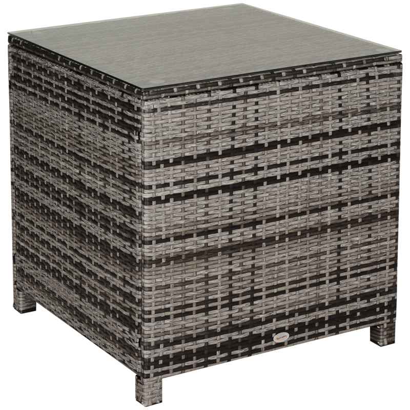 Outsunny Patio PE Rattan Side Table, Square Outdoor Coffee Table w/ Tempered Glass Top, Mixed Grey