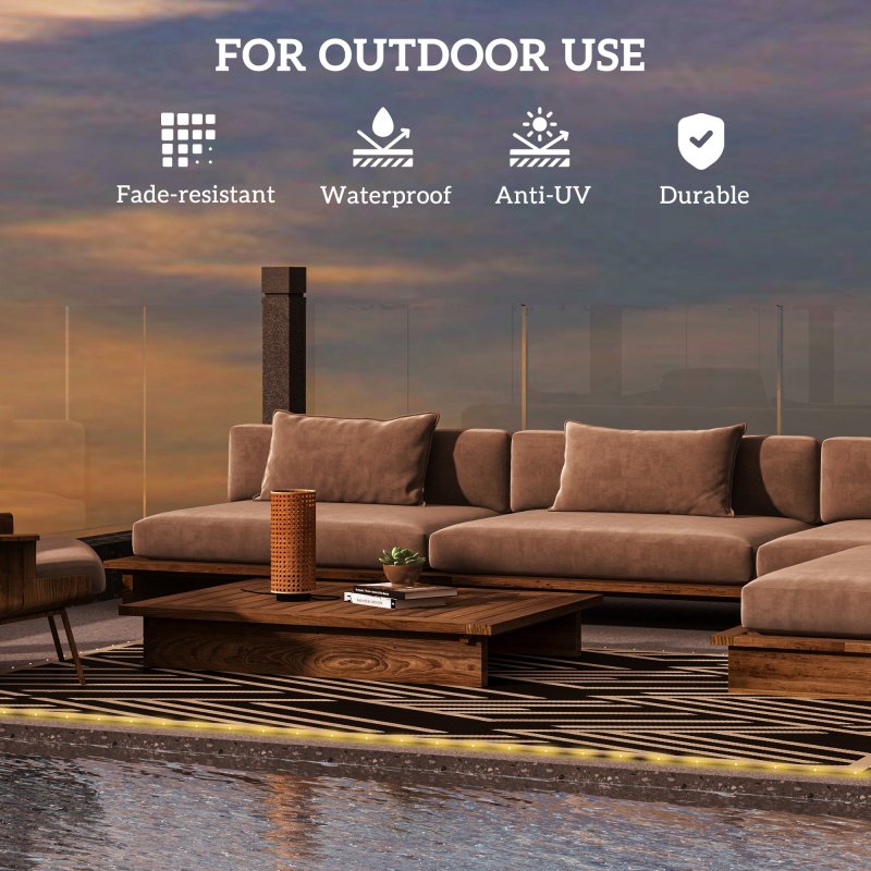 Outsunny Reversible Outdoor Rug with LED String Lights, Waterproof Plastic Straw Mat with Carry Bag for Garden, Deck, RV, Picnic, Beach, Camping, 182 x 274cm, Black and Coffee