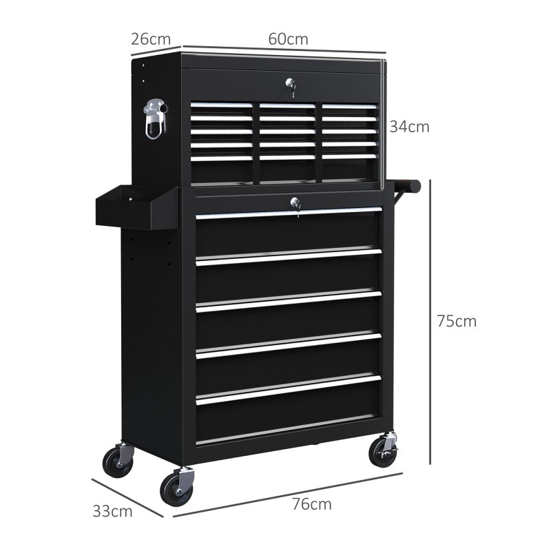 HOMCOM 2 in 1 Rolling Tool Cabinet on Wheels with 14 Drawers, Pegboard and Side Rack, Lockable Top Tool Chest and Roller Cabinet Combo for Workshop and Home, Black