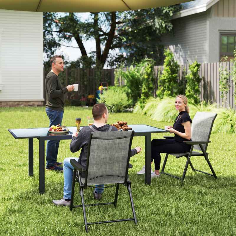 Outsunny Set of 2 Folding Chair, Garden Chair Set with Breathable Mesh Back and Seat, Outdoor Camping Chairs with Armrests, Steel Frame for Deck Balcony, Black and Grey