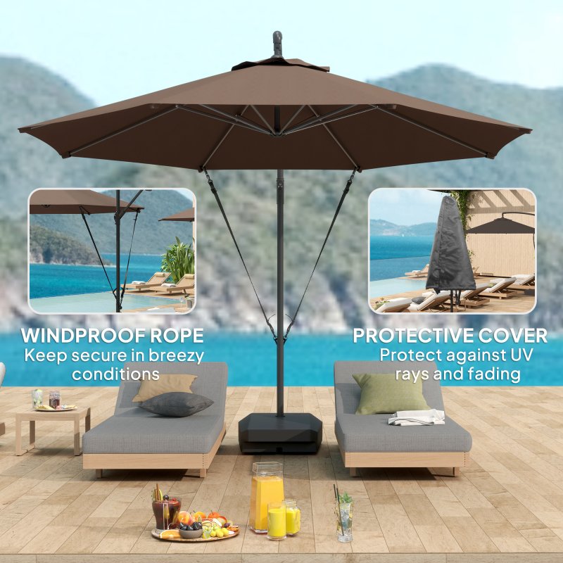Outsunny 3(m) Garden Cantilever Parasol with Fillable Base up to 90kg, Wind Protection Strap, Cover, Round Banana Hanging Umbrella with Crank Handle and Tilt, UPF50+ Patio Umbrella, Brown