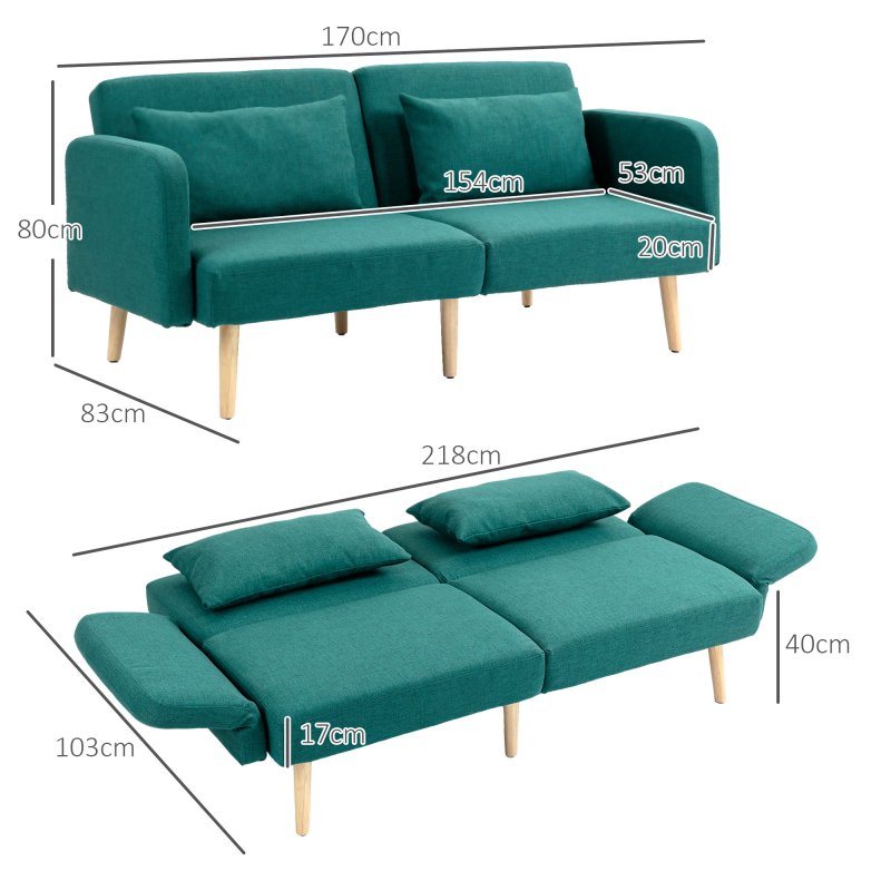 HOMCOM Click Clack Sofa Bed, 3 Seater Sofa, Convertible Bed Settee, Modern Fabric Loveseat Sofa Couch with 2 Cushions for Living Room, Guest Room