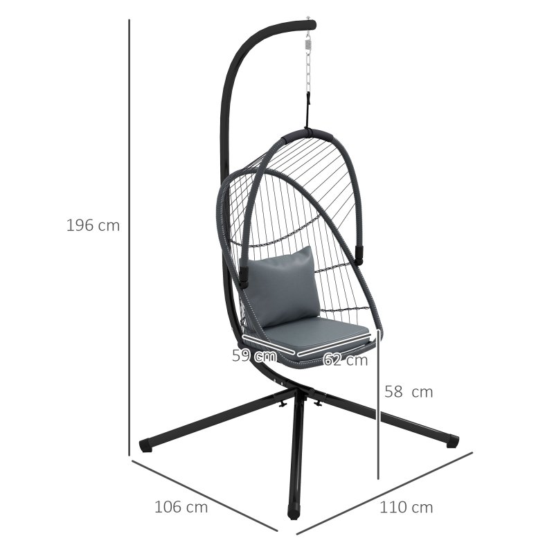 Outsunny Outdoor PE Rattan Swing Chair with Cushion, Foldable Basket Patio Hanging Chair with Metal Stand, 360 degree Rotation Spring Hook, Basket Height Adjust with Metal Chain, Grey