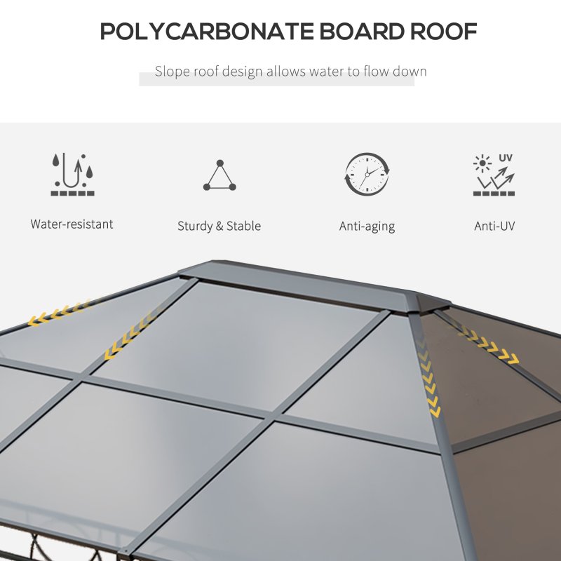 Outsunny 3 x 4m Hardtop Gazebo Canopy with Polycarbonate Roof, Permanent Pavilion Garden Gazebo with Curtains for Patio, Deck, Grey