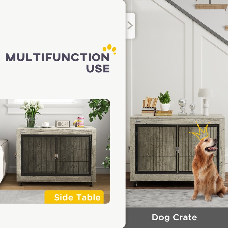 PawHut Dog Crate Furniture on Wheels, Dog Cage End Side Table with Lockable Double Doors, for Large Breeds, 100 x 60 x 73.5cm, Grey