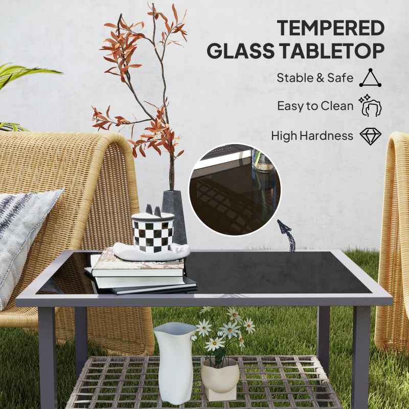 Outsunny Outdoor Rattan Coffee Table, Rectangular Tea Side Table with Tempered Glass Top, Storage Shelf, Foot Pads, Garden Furniture for Patio, Balcony, Mixed-grey