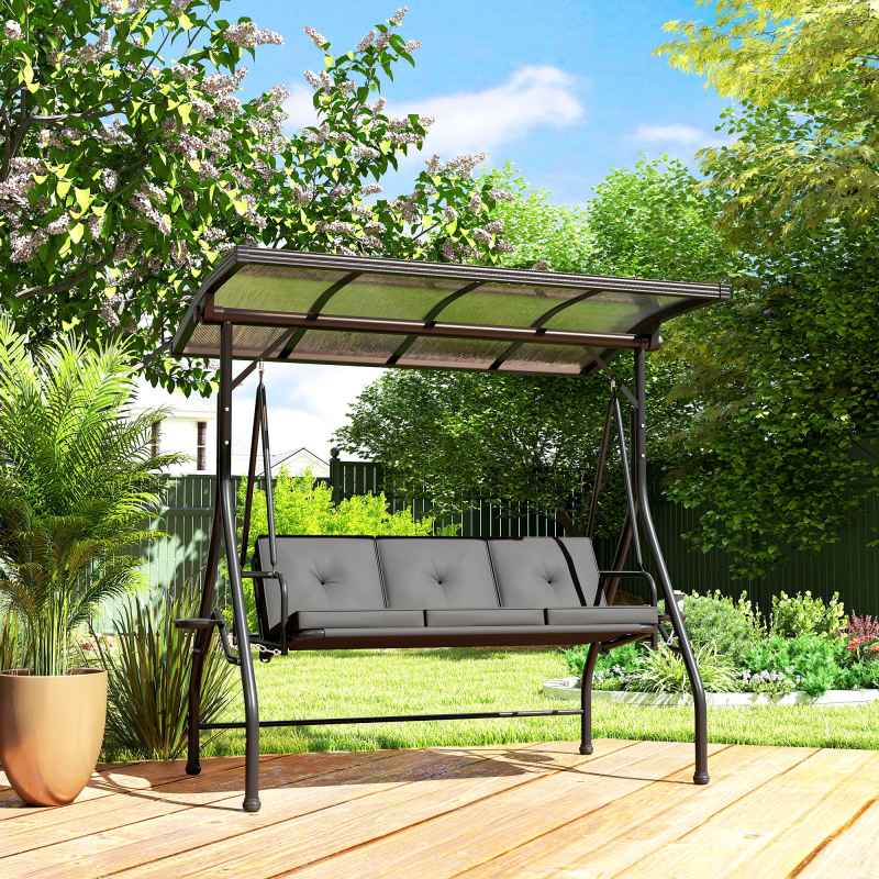 Outsunny 3 Seater Garden Swing Seat Bed with UPF30+ Adjustable Canopy, Convertible Swing Chair with Cushion, Outdoor Hammock Bench with Cup Trays for Balcony Patio, Black