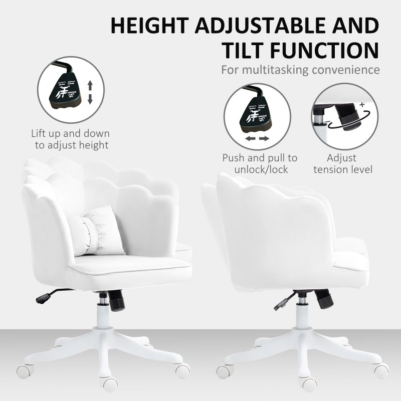 HOMCOM Computer Desk Chair, Armless Makeup Vanity Chair with Shell Back, Bow Pillow, Height Adjustable, Swivel Wheels for Home, Bedroom, White